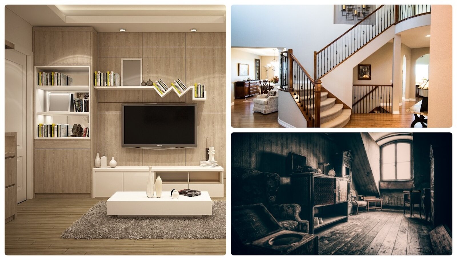 Ilustracja składa się z trzech zdjęć. Znajdują się na nich: salon, poddasze oraz schody.