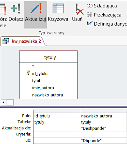 Ilustracja zawiera zrzut ekranu z programu. W górnej części grafiki widnieją funkcje programu. Zaznaczona została funkcja aktualizacji. Poniżej widnieje kwadratowe pole zawierające informację o tytułach takie jak id tytułu, tytuł, imię autora oraz nazwisko autora. Poniżej widoczna jest tabela zawierająca szczegółowe dane dotyczące tytułów.
