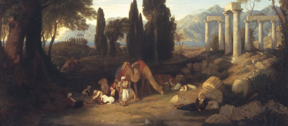 Obraz przedstawia górski, nadmorski krajobraz. Na pagórkach stoją ruiny starożytnych budowli. W tle majaczą skaliste góry. Na pierwszym planie widać grupę śpiących i odpoczywających mężczyzn oraz trzy wielbłądy. Jedno ze zwierząt leży, dwa stoją. Mężczyźni ubrani są w arabskie stroje, na głowach mają turbany. Po prawej stronie wyróżnia się mężczyzna w europejskim ubraniu, siedzi oparty o fragmenty pociętej, kamiennej kolumny, lewą ręką oparł głowę i zamyślony patrzy na niebo. Po lewej stronie obrazu znajdują się okazałe drzewa, rzucające cień na podróżnych, po prawej widać leżące gdzieniegdzie fragmenty kolumn. Na drugim planie po prawej stronie stoją fragmenty kolumn jakiejś starożytnej budowli. Rozpościerający się pomiędzy podróżnymi, a morzem krajobraz jest pagórkowaty.