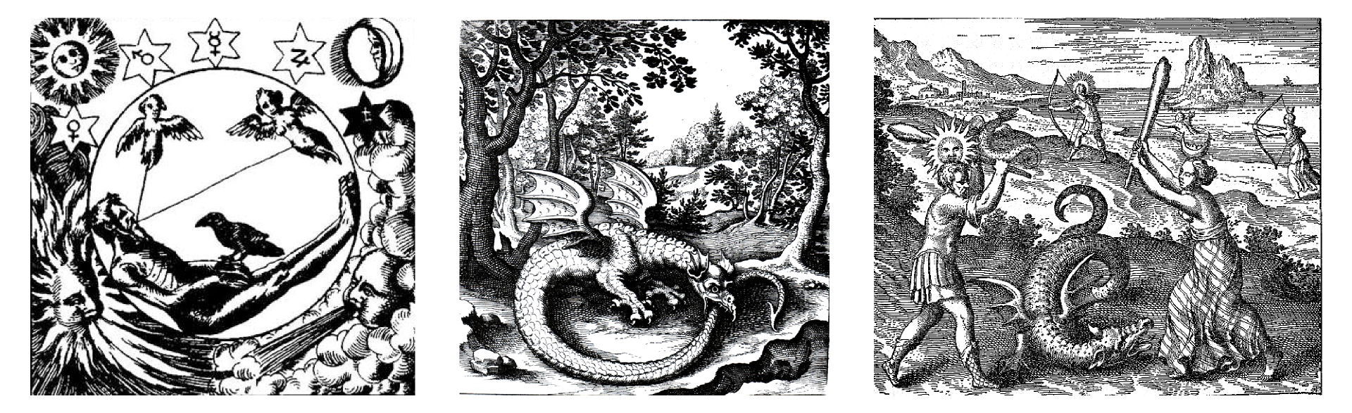 Trzy ilustracje przedstawiające symbole wiedzy tajemnej. Pierwsza od lewej to skomplikowany geometryczny układ przedstawiający postać starego człowieka wpisaną w okrąg z krukiem siedzącym na jego dłoni i dwoma aniołami unoszącymi się nad nimi. Ponad okręgiem w pięciu gwiazdach naniesiono symbole astrologiczne, a narożniki ilustracji zawierają słońce, księżyc, żywioły ognia i powietrza. Druga, środkowa ilustracja, to rycina przedstawiająca las ze wzgórzami w tle. Na pierwszym planie znajduje się główny temat: skrzydlaty smok pożerający swój długi ogon. Rycina ostatnia przedstawia scenę łowów na smoki w scenerii przypominającej brzeg morza. Dwie pary postaci – mężczyzna ze słońcem na głowie i kobieta z księżycem, ubrani w starogreckie stroje, na pierwszym planie zabijają smoka maczugami. Tacy sami ludzie na drugim planie podchodzą do smoka uzbrojeni w łuki.