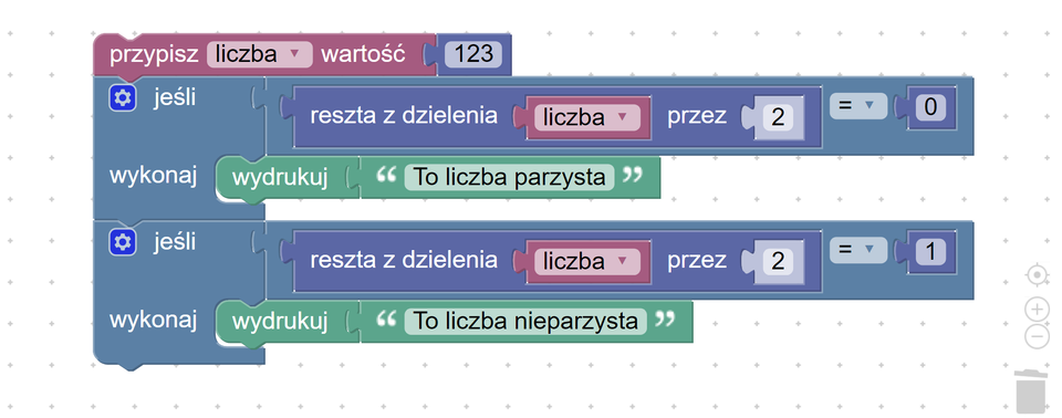 Ilustracja przedstawia okno programu  Scratch z napisanym programem. W pierwszym bloku znajduje się napis: przypisz lista rozwijana liczba koniec listy wartość sto dwadzieścia trzy. Kolejne jest blok wyboru, który wykonuje następujące zadania: jeśli reszta z dzielenia liczba przez dwa równa się zero, wykonaj: wydrukuj cudzysłów podwójny to liczba parzysta koniec cudzysłowu. Następny blok wyboru jest następujący: Jeśli reszta c dzielenia liczba przez dwa jest równa jeden wykonaj: wydrukuj cudzysłów podwójny to liczba nieparzysta koniec cudzysłowu.
