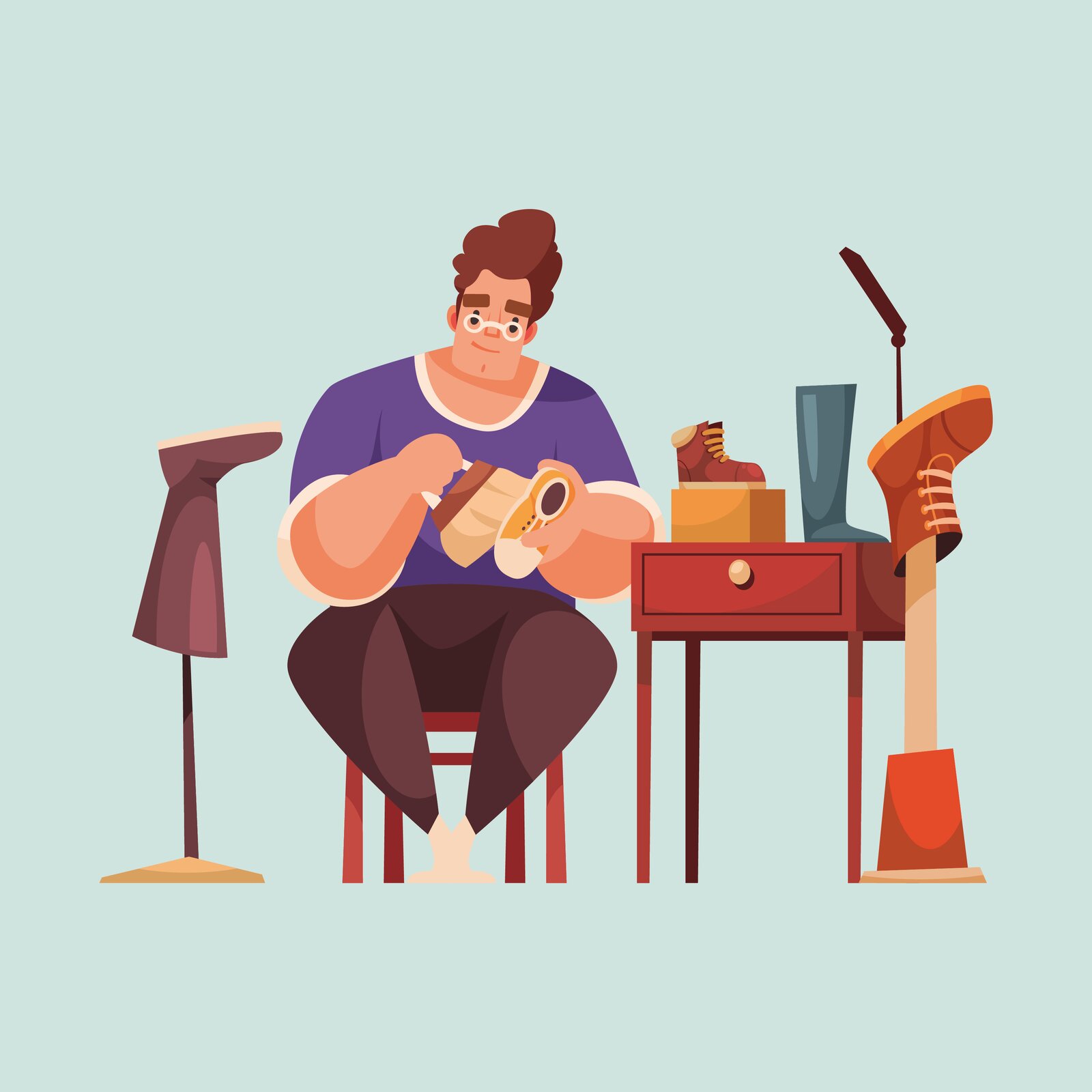 Ilustracja przedstawia szewca naprawiającego buty, 