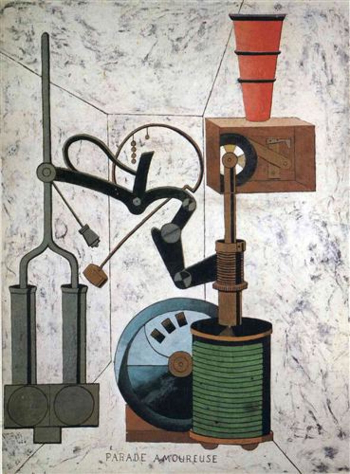 Grafika przedstawia dzieło Francisa Picabii. Znajduje się nad nim maszyna przypominającą tłoki. Podpisano ją "Parade Amoureuse". 