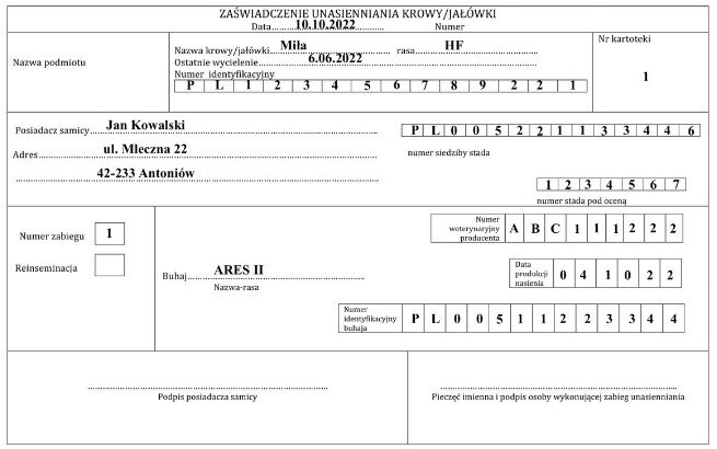 Grafika przedstawia przykładowy widok wypełnionego dokumentu. Jest to zaświadczenie unasienniania krowy/jałówki.