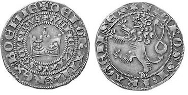 Na zdjęciu widnieje awers i rewers srebrnej monety. Na jednej ze stron znajduje się korona otoczona napisami, a na drugiej zwierzę podobne do lwa - gryf w koronie.