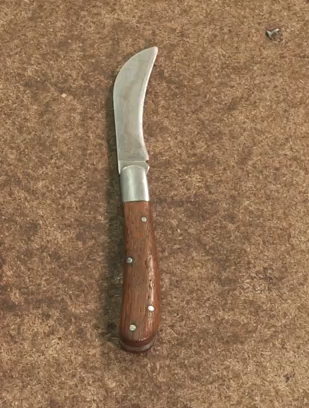 Zdjęcie przedstawia nóż o zakrzywionej końcówce. Składa się on z metalowego ostrza i drewnianej rękojeści. 