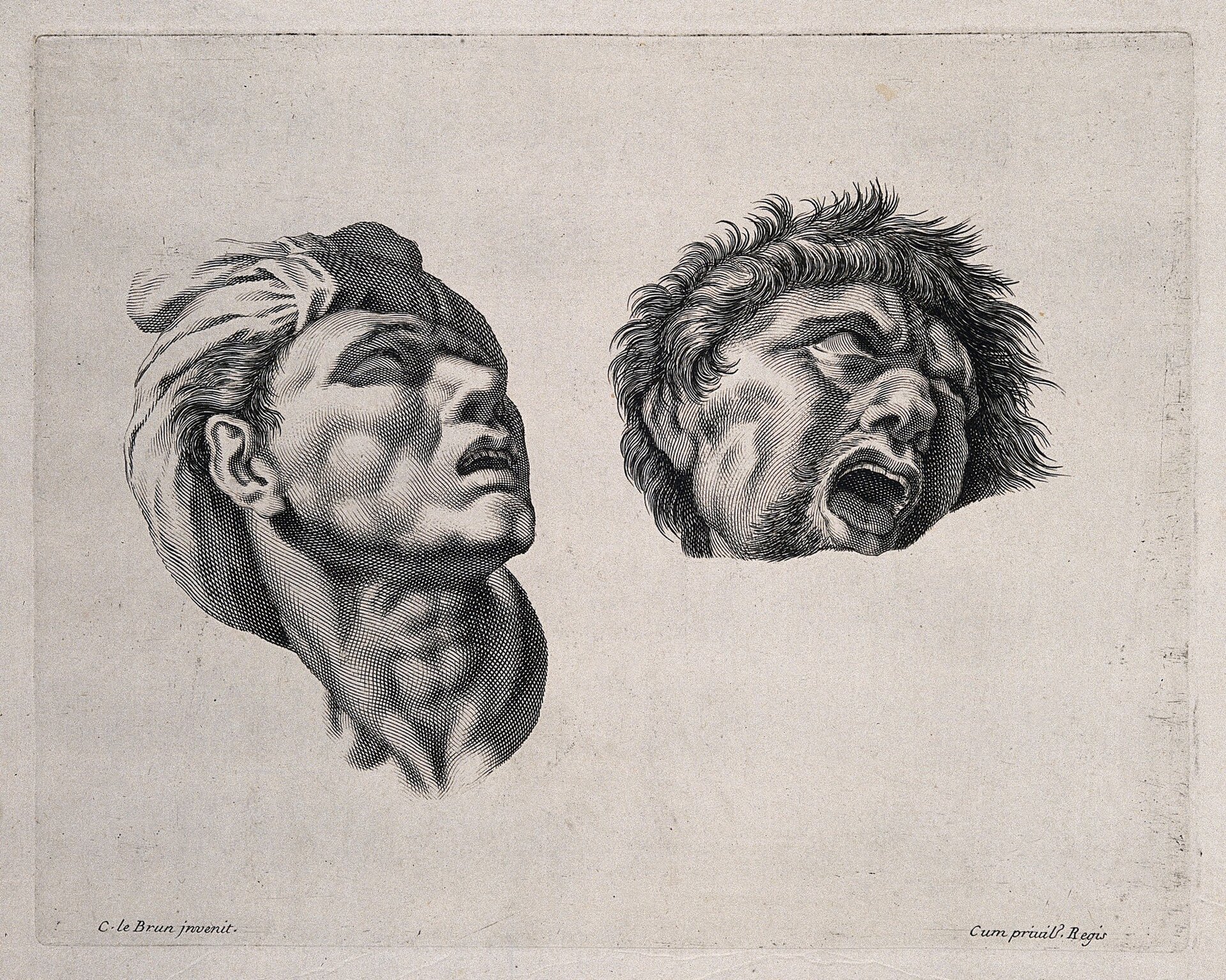 Ilustracja przedstawia dwie męskie twarze. Obydwie patrzą do góry, krzyczą, wyrażają lęk.