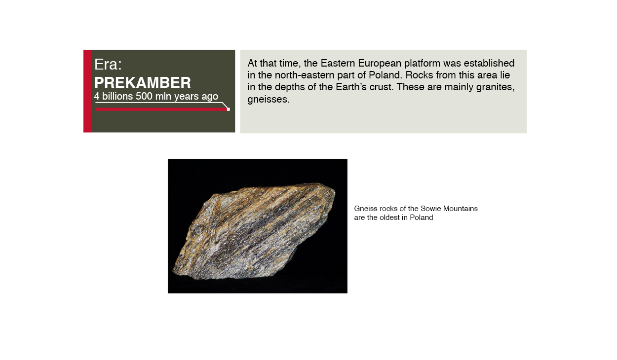 Grafika zawiera informacje: Era prekambryjska, era prekamber - cztery miliardy pięćset milionów lat temu. 4 billions 500 mln years ago. At that time, the Eastern Europe platform was established in the north-eastern part of Poland. Rocks from this area lie in the depths of the Earth’s crust. These are mainly granites, gneisses. Gneiss rocks of the Sowie Mountains are the oldest in Poland.