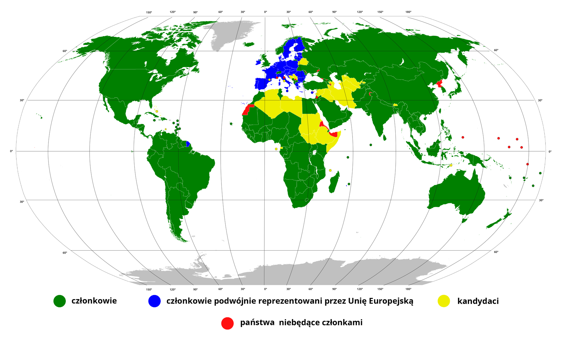 Mapa polityczna świata przedstawiająca członków i obserwatorów WTO. Kolorem niebieskim oznaczono państwa reprezentowane podwójnie przez Unię Europejską. Kolorem zielonym oznaczono pozostałych członków. Państwa nienależące do organizacji oznaczone są czerwoną barwą, jest to między innymi Korea Północna oraz terytoria sporne. Kandydaci do organizacji oznaczeni zostali kolorem żółtym, to między innymi Białoruś, Bośnia i Hercegowina, Serbia, Irak, Iran, Syria, Jordania, Turkmenistan, Uzbekistan, Somalia, Sudan, Sudan Południowy, Etiopia, Algieria, Libia.