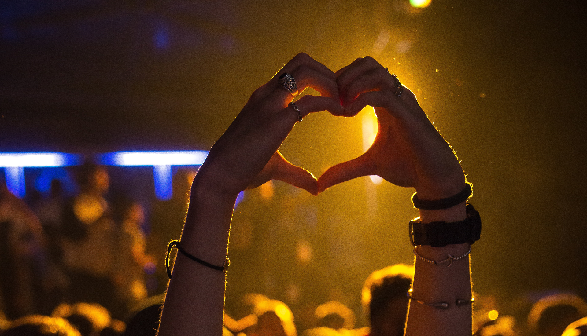 Zdjęcie przedstawia dwie podniesione ręce, których dłonie ułożone są w serduszko. W tle widoczny jest rozmyty tłum i światła.