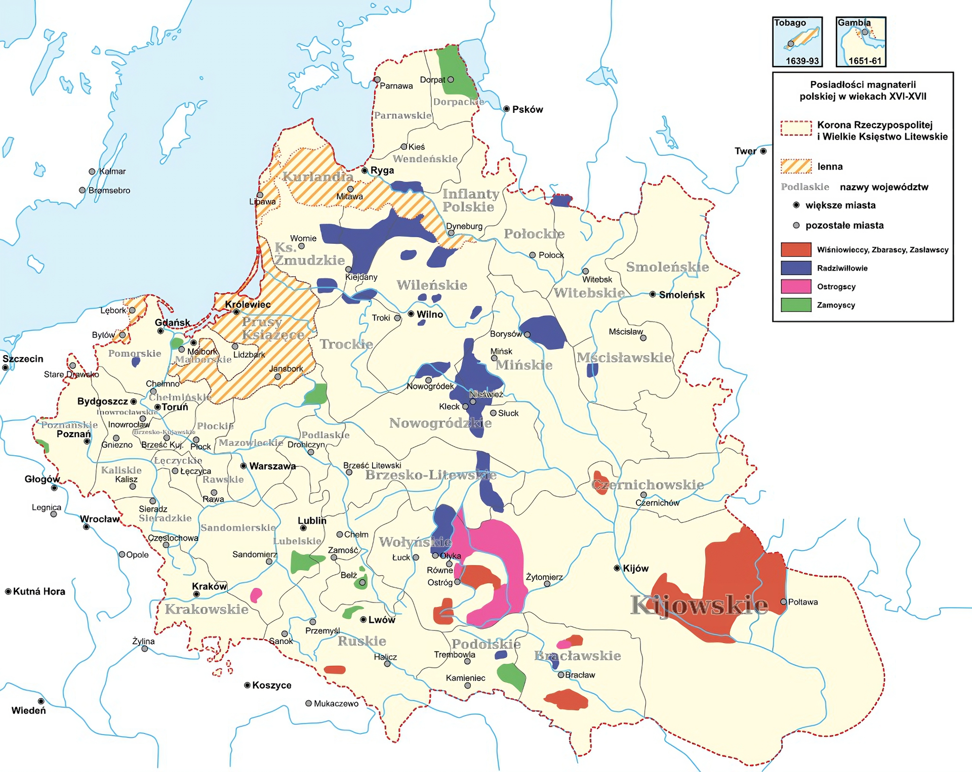 Mapa przedstawia posiadłości magnackie w Rzeczypospolitej w XVI i XVII w. Na mapie uwzględniony został cały obszar państwa wraz z należącym do niego lennem, czyli Prusami Książęcymi i Kurlandią. Na mapie zaznaczone zostały województwa, na które podzielone było terytorium państwa. W legendzie umieszczono oznaczenia najważniejszych posiadłości, które należały do czterech najważniejszych rodów magnackich w Rzeczypospolitej. Do spokrewnionych ze sobą rodów Wiśniowieckich, Zbaraskich i Zasławskich należały ziemie położone w województwie kijowskim, bracławskim, wołyńskim i ruskim. Największy obszar zajmowały posiadłości w województwie kijowskim, które obejmowały obszar od Połtawy do Kijowa. Do rodu Radziwiłłów należały ziemie położone w województwie wileńskim, mińskim, nowogródzkim, brzesko‑litewskim i wołyńskim. Mniejsze posiadłości znajdowały się na terenie województw podolskiego, bracławskiego, mścisławskiego i połockiego. Do rodu Ostrogskich należały posiadłości na pograniczu województw kijowskiego i wołyńskiego, rozciągające się od miejscowości Ostróg do Żytomierza, a także posiadłości w województwach bracławskim i krakowskim. Posiadłości rodu Zamoyskich były rozrzucone po terytorium Rzeczypospolitej - od województwa dorpackiego, przez malborskie, mazowieckie, lubelskie, bełskie, ruskie do podolskiego.