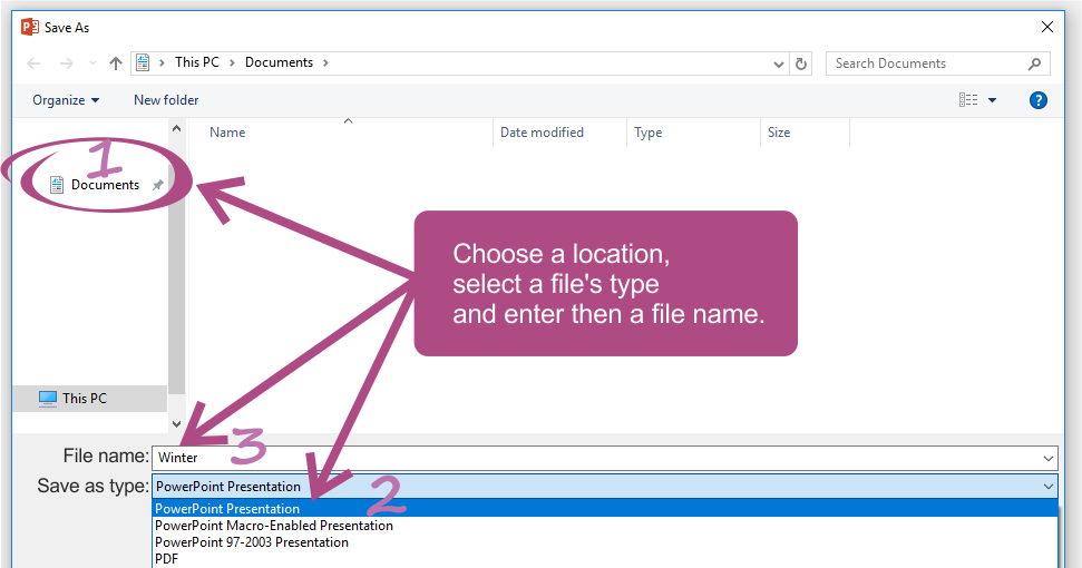 Ilustracja  przedstawia formatkę umożliwiającą zapisywanie prezentacji w programie Power Point. Na środku znajduje się prostokąt z napisem: Choose a location, select a file's type and enter then a file name. Od prostokąta poprowadzone są ponumerowane strzałki do elementów formatki. 1 - W oknie po lewej stronie można wybrać miejsce zapisu, w przykładzie zaznaczony jest folder Documents. Środkowe pole zajmuje zawartość folderu Documents, w przykładzie folder jest pusty. 3 - Poniżej znajdują się pola File name: w przykładzie wpisane jest: Winter. 2 - Poniżej lista rozwijana Save as: umożliwia wybrać format pliku zapisu, widoczne są niektóre formaty zapisu: PowerPoint Presentation (domyślny), PowerPoint Macro-Enabled Presentation, PowerPoint 97-2003 Presentation, PDF. 