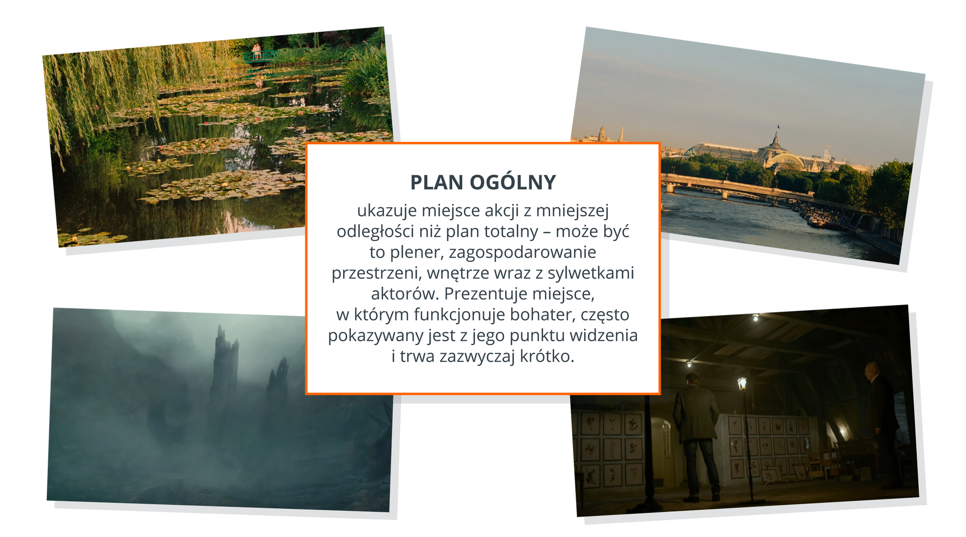 Ilustracja przedstawia cztery fotografie na białym tle. Fotografia w lewym górnym rogu przedstawia jezioro, na którym znajdują się pływające lilie. Fotografia w lewym dolnym rogu przedstawia wysokie szpiczaste góry, które są zasłonięte przez mgłę. Fotografia w prawym górnym rogu przedstawia rzekę, na której znajduje się most. W tle fotografii widać budynki oraz drzewa. Fotografia w prawym dolnym rogu przedstawia dwóch mężczyzn w ciemnym pomieszczeniu Pomieszczenie oświetlone jest przez żarówki oraz dwie latarnie. Przed mężczyznami znajdują się komody, na których widać różne rysunki. Na środku ilustracji znajduje się wyjaśnienie znaczenia definicji planu ogólnego. Plan ogólny - ukazuje miejsce akcji z mniejszej odległości niż plan totalny – może być to plener, zagospodarowanie przestrzeni, wnętrze wraz z sylwetkami aktorów. Prezentuje miejsce, w którym funkcjonuje bohater, często pokazywany jest z jego punktu widzenia i trwa zazwyczaj krótko.