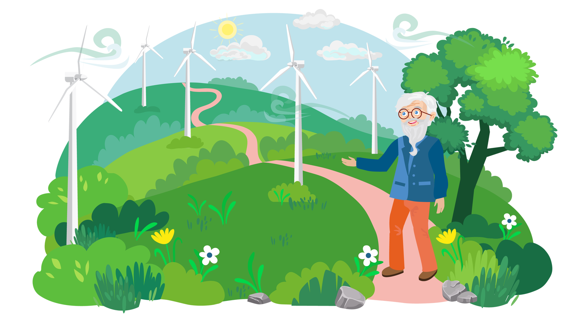 Ilustracja przedstawia farmę wiatrową. Dookoła rozciąga się pagórkowaty teren porośnięty zielenią, z pojedynczymi żółtymi i białymi kwiatami. Gdzieniegdzie leżą pojedyncze szare kamienie. W kilku miejscach stoją duże białe wiatraki służące do produkcji energii wiatrowej. W tle widać błękitne niebo ze słońcem i trzema chmurami. Po prawej stronie ilustracji znajduje się ścieżka, która rozpoczyna się na pierwszym planie i znika w oddali. Na ścieżce stoi mężczyzna o siwych włosach, siwych wąsach i siwej brodzie. Na nosie ma okulary w okrągłych brązowych oprawkach. Jest ubrany w granatową marynarkę, długie pomarańczowe spodnie i brązowe buty. Prawą ręką pokazuje farmę wiatrową i się uśmiecha. Po prawej stronie ścieżki rośnie duże drzewo liściaste.