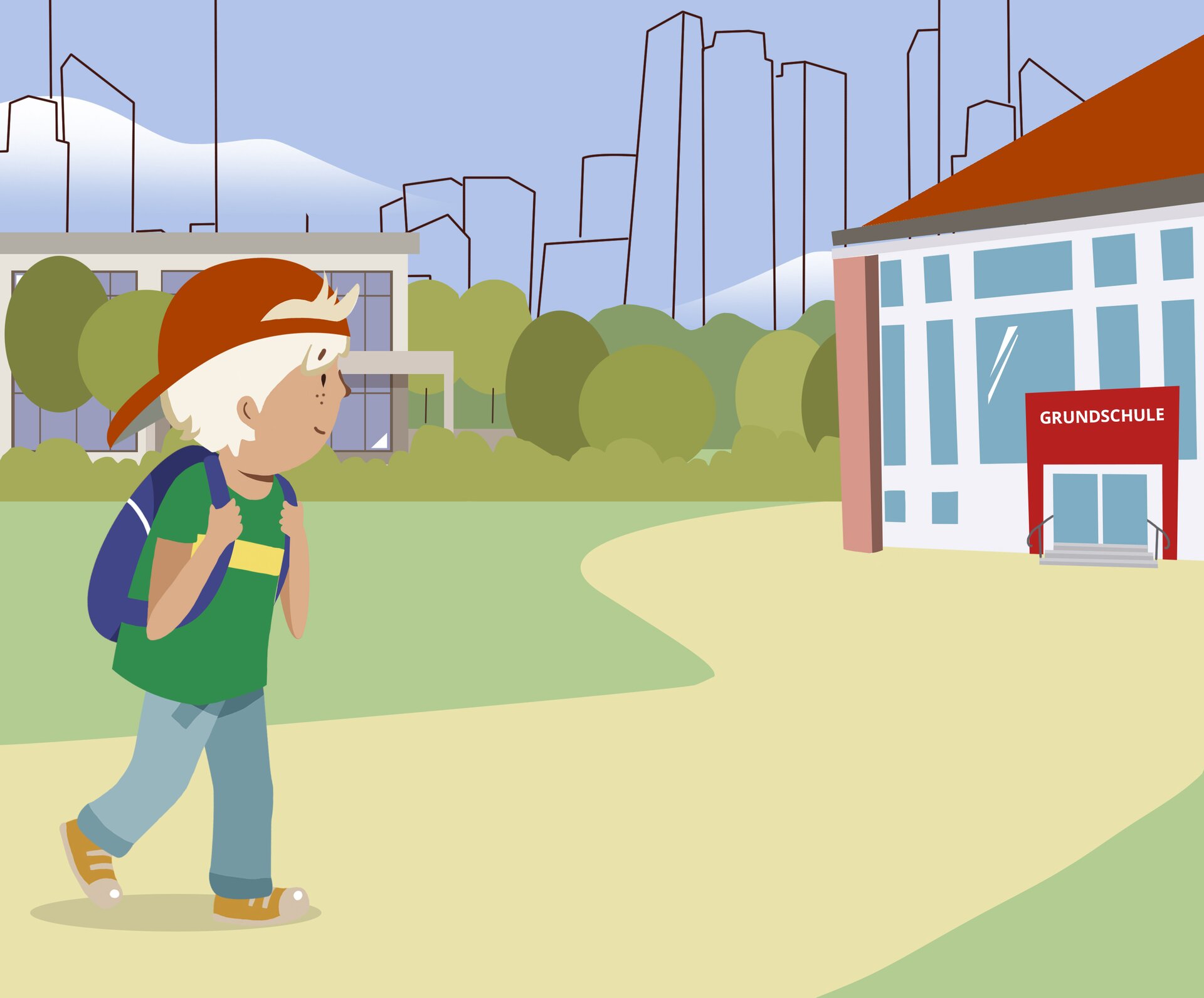 Ilustracja przedstawia chłopca z tornistrem na plecach. Chłopiec znajduje się w pobliżu budynku. Nad wejściem do budynku jest napis Grundschule. 
