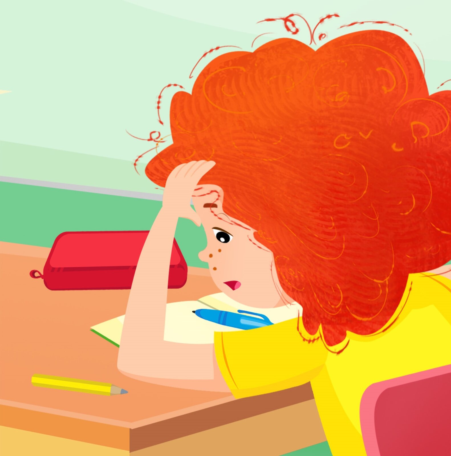 Ilustracja przedstawia Linę. Dziewczynka trzyma się za głowę.