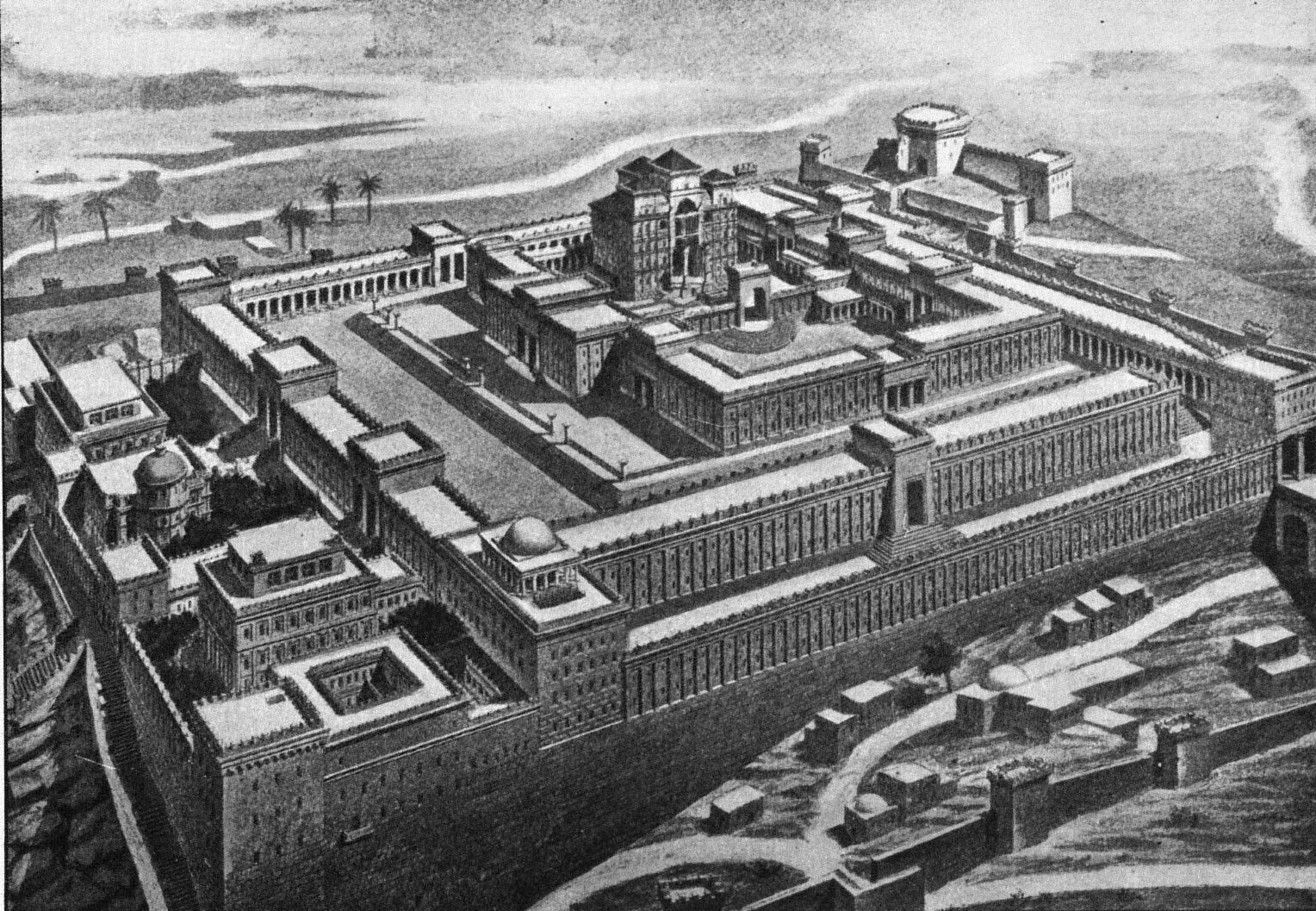 Ilustracja przedstawia kompleks budynków usytuowany na wzgórzu. Jest otoczony wysokim murem. Wewnątrz widać budynki w kwadratowych kształtach, o rożnych wielkościach oraz prostokątny plac przed jednym z nich.