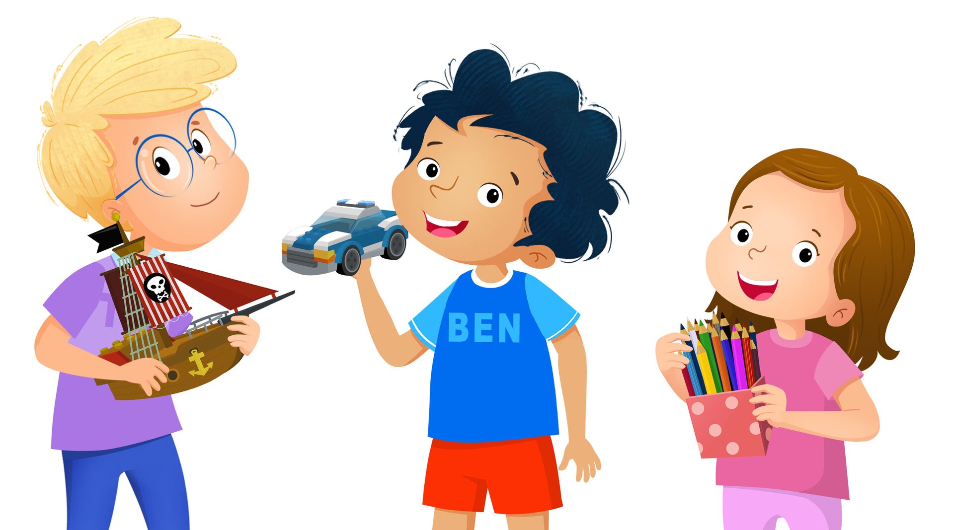 Ilustracja przedstawia trójkę dzieci. Pierwszy chłopiec trzyma statek piracki. Drugi chłopiec ma w ręku policyjne auto, a dziewczynka kolorowe kredki. 