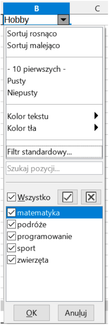 Ilustracja przedstawia otwarte okno dialogowe, w którym zaznaczone są Filtry standardowe: Wszystko, matematyka, podróże, programowanie, sport, zwierzęta. Na dole okna znajdują się dwa przyciski: OK, Anuluj.