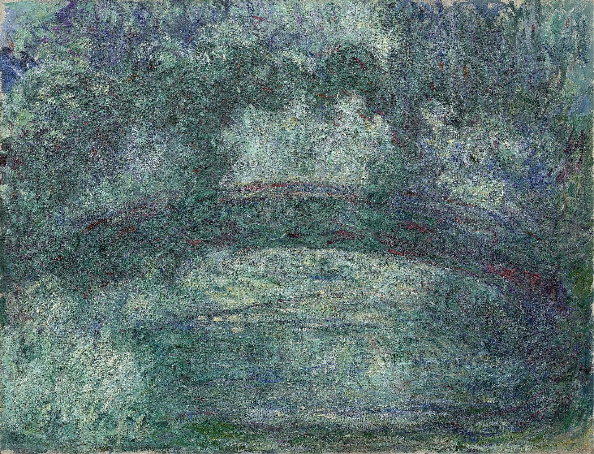 . Obraz pod tytułem: „Japoński mostek”, autorstwa Claude Monet. Dzieło przedstawia niebieską kompozycje barwną. Na środku obrazu znajduje się charakterystyczna, mocno niebieska linia – jest to tytułowy mostek. Niżej, barwy tworzą taflę wody. 