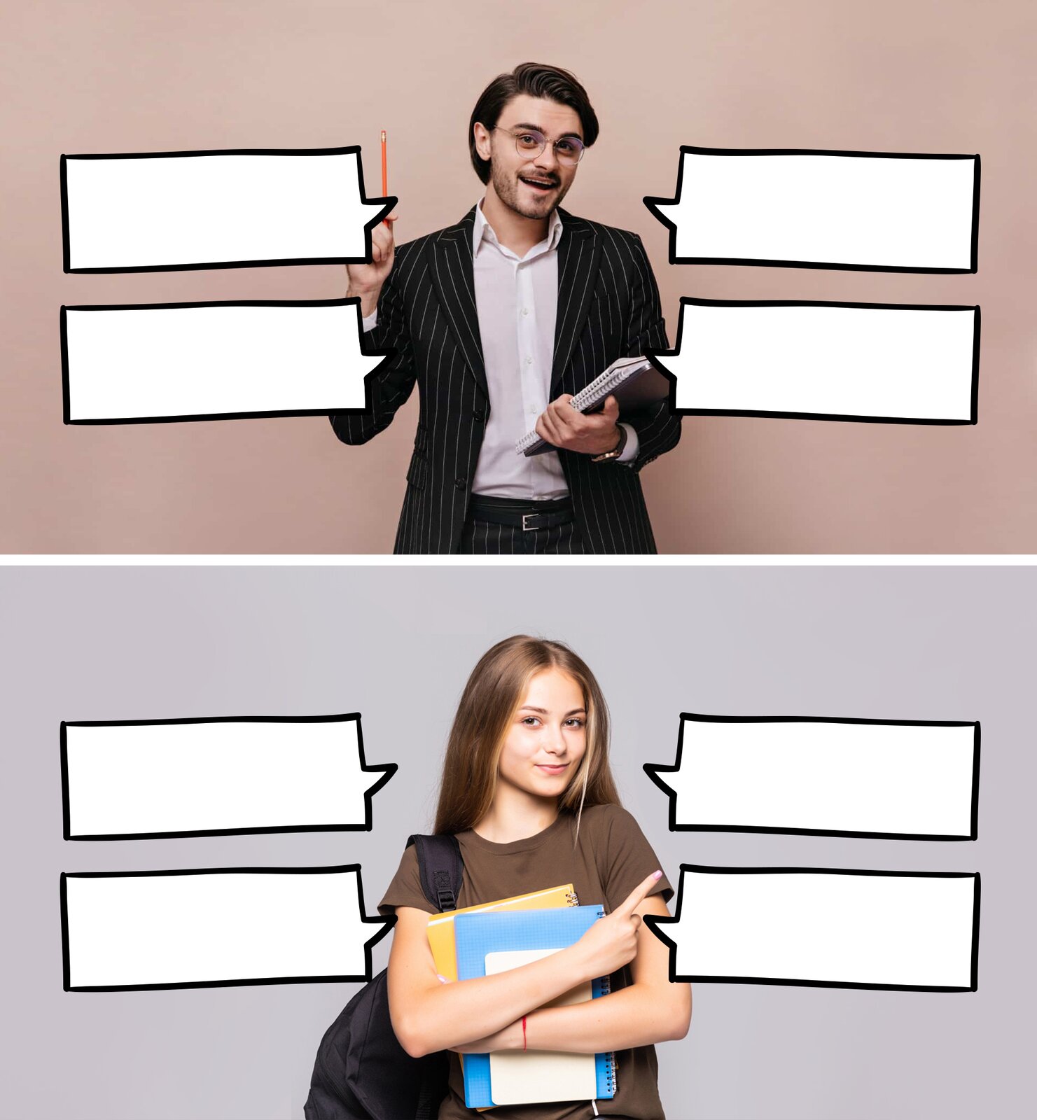 Grafika składa się z dwóch zdjęć zestawionych ze sobą poziomo. Górne zdjęcie przedstawia mężczyznę po 30‑stce, w okularach, ubranego w garnitur w prążki oraz koszulę. Zdjęcie poniżej ukazuje nastoletnią dziewczynę z lekkim uśmiechem, trzymającą przy tułowiu zeszyty. Dziewczyna na jednym ramieniu ma zawieszony plecak. Na obydwu fotografiach obok przedstawionych postaci są puste dymki, symbolizujące wypowiedź.