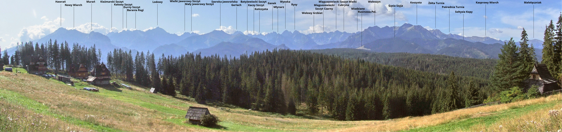 Panoramiczne zdjęcie Tatr. Na horyzoncie wyraźnie zaznaczona jest linia poszczególnych szczytów tego pasma górskiego. Dodatkowo bardziej znaczące wzniesienia (leżące po polskiej, jak i słowackiej stronie) zostały zaznaczone pionowymi liniami, nad którymi naniesiono ich nazwy. Od lewej strony fotografii oznaczono kolejno następujące szczyty: Hawrań, Nowy Wierch, Murań, Kieżmarski Szczyt, Kołowy Szczyt, Durny Szczyt, Baranie Rogi, Lodowy, Wielki Jaworowy Szczyt, Mały Jaworowy Szczyt, Szeroka Jaworzyńska, Gerlach, Batyżowiecki Szczyt, Kaczy Szczyt, Kończysta, Ganek, Młynarz, Wysoka, Rysy, Wołowy Grzbiet, Mięguszowiecki Szczyt Czarny, Mięguszowiecki Szczyt Wielki, Cubryna, Miedziane, Rusinowa Polana, Wołoszyn, Gęsia Szyja, Koszysta, Żółta Turnia, Pośrednia Turnia, Sołtysie Kopy, Kasprowy Wierch, Małołączniak.