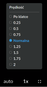 Zdjęcie przedstawia ikonę oraz panel zmiany prędkości odtwarzania filmu. Ikona składa się z jedynki i małego iksa. Nad ikoną wyświetlony jest panel zatytułowany prędkość i zawierający różne opcje prędkości do wyboru. Opcje od góry to: po klatce, dwadzieścia pięć setnych, pięć dziesiątych, siedemdziesiąt pięć setnych, normalna, jeden i dwadzieścia pięć setnych, jeden i pięć dziesiątych, jeden i siedemdziesiąt pięć setnych, dwa. Zaznaczoną opcją jest prędkość normalna. Można to stwierdzić po niebieskim kolorze tego napisu. Obok ikony zmiany prędkości widać po lewej stronie ikonę auto, a po prawej kwadrat umożliwiający włączenie pełnego ekranu.