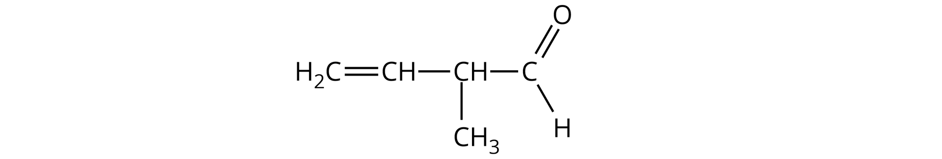 Ilustracja przedstawiająca wzór aldehydu zbudowanego z grupy aldehydowej to jest atomu węgla połączonego za pomocą wiązania podwójnego z atomem tlenu oraz za pomocą wiązań pojedynczych z atomem wodoru oraz łańcuchem węglowodorowym składającym się z grupy CH połączonej za pomocą wiązań pojedynczych z grupą metylową CH3 oraz z kolejną grupą CH połączoną za pomocą wiązania podwójnego z grupą CH2.