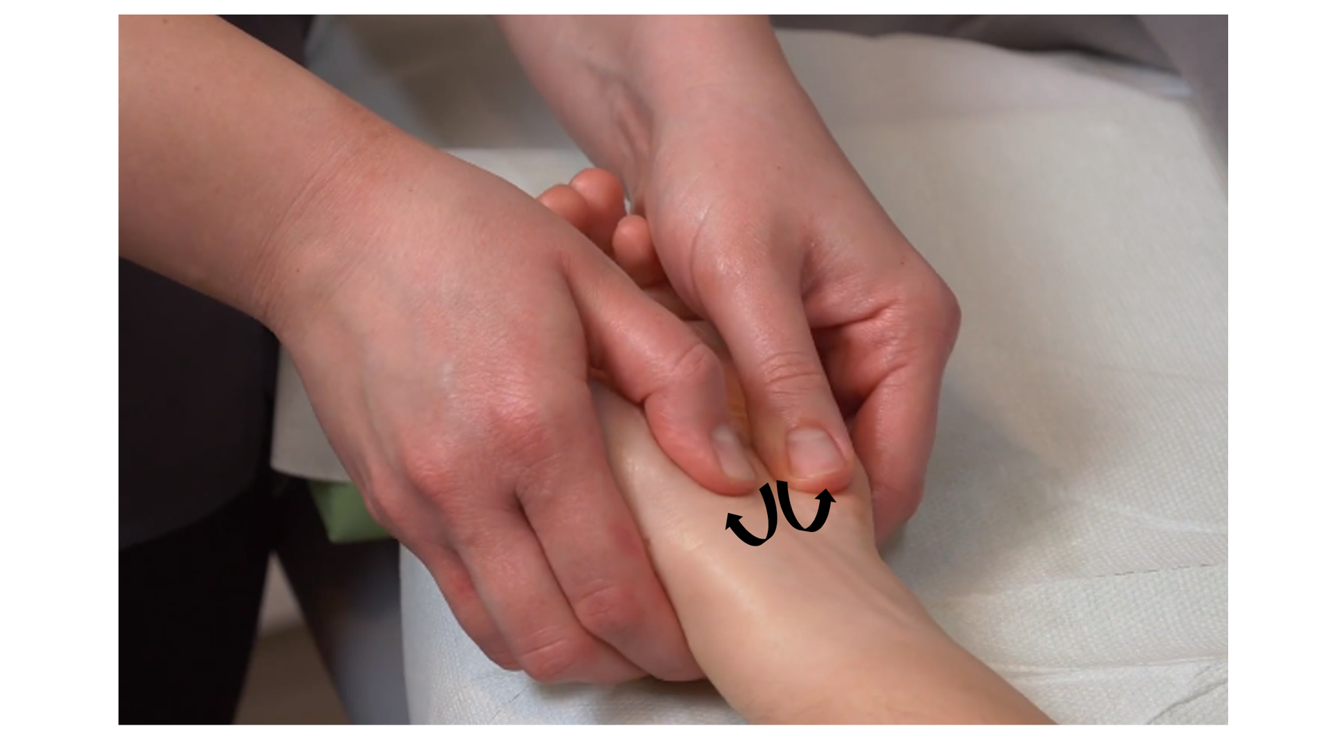 Zdjęcie pod tytułem rozcieranie nadgarstka. Zdjęcie przedstawia ręce masażysty rozcierające nadgarstek pacjenta przy użyciu opuszków kciuka.