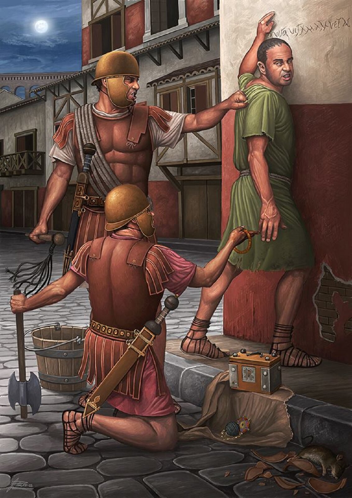 Ilustracja zatytułowana „Militia Vigilum ” przedstawia trzech mężczyzn na ulicy miasta. Pierwszy z nich ubrany jest w zbroję, sandały oraz złoty hełm i ma miecz przy pasie. Klęczy na kamiennej drodze. Lewą rękę ma wyciągniętą do tyłu i trzyma w niej topór o podwójnym ostrzu. Prawą rękę ma wyciągniętą do przodu i trzyma w niej brązowy, okrągły przedmiot. Drugi mężczyzna stoi z prawej strony, przodem do ściany. Ubrany jest w krótką tunikę, która przepasana jest szarym sznurkiem. Lewą rękę ma podniesioną do góry i dłonią dotyka ściany. Prawa ręka jest opuszczona w dół. Na nogach ma sandały. Trzeci mężczyzna stoi z lewej strony. Ubrany jest w zbroję, hełm i ma miecz przy pasie. Prawą rękę ma opuszczoną i trzyma w niej bicz. Pięścią lewej ręki przyciska do muru mężczyznę stojącego przy ścianie. W tle są budynki z brązowymi oknami i drzwiami,  niebo oraz księżyc w pełni.