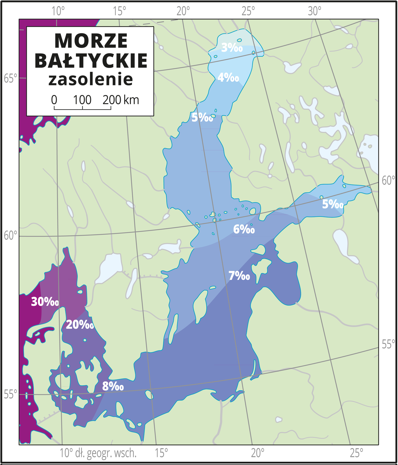 Ilustracja przedstawia mapę Morza Bałtyckiego. Natężeniem koloru niebieskiego przedstawiono zasolenie od trzech promili na północy do ośmiu promili w południowej części Morza Bałtyckiego (u wybrzeży Polski). W Cieśninach Duńskich zasolenie wynosi 20–30 promili. Mapa pokryta jest równoleżnikami i południkami. Dookoła mapy w białej ramce opisano współrzędne geograficzne co pięć stopni. W legendzie umieszczono i opisano kolory użyte na mapie.