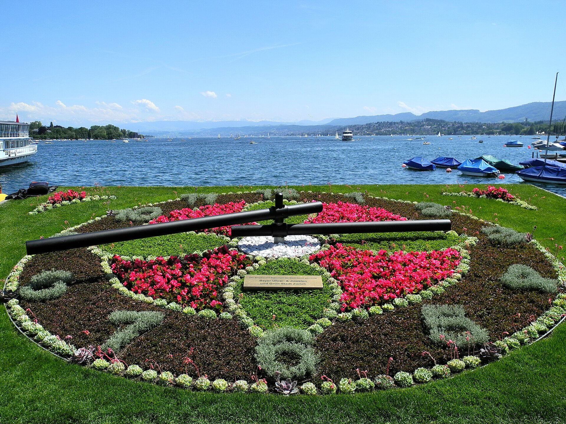 Zdjęcie przedstawia dywan kwiatowy skomponowany tak, że przypomina tarczę zegara ze wskazówkami. Wskazówki ułożone są na godzinie drugiej i czterdzieści minut. Kwiaty tworzące zegar są w kolorach: różowym, jasno i ciemno zielonym. W oddali widać zatokę, na której znajdują się niewielkie łodzie.