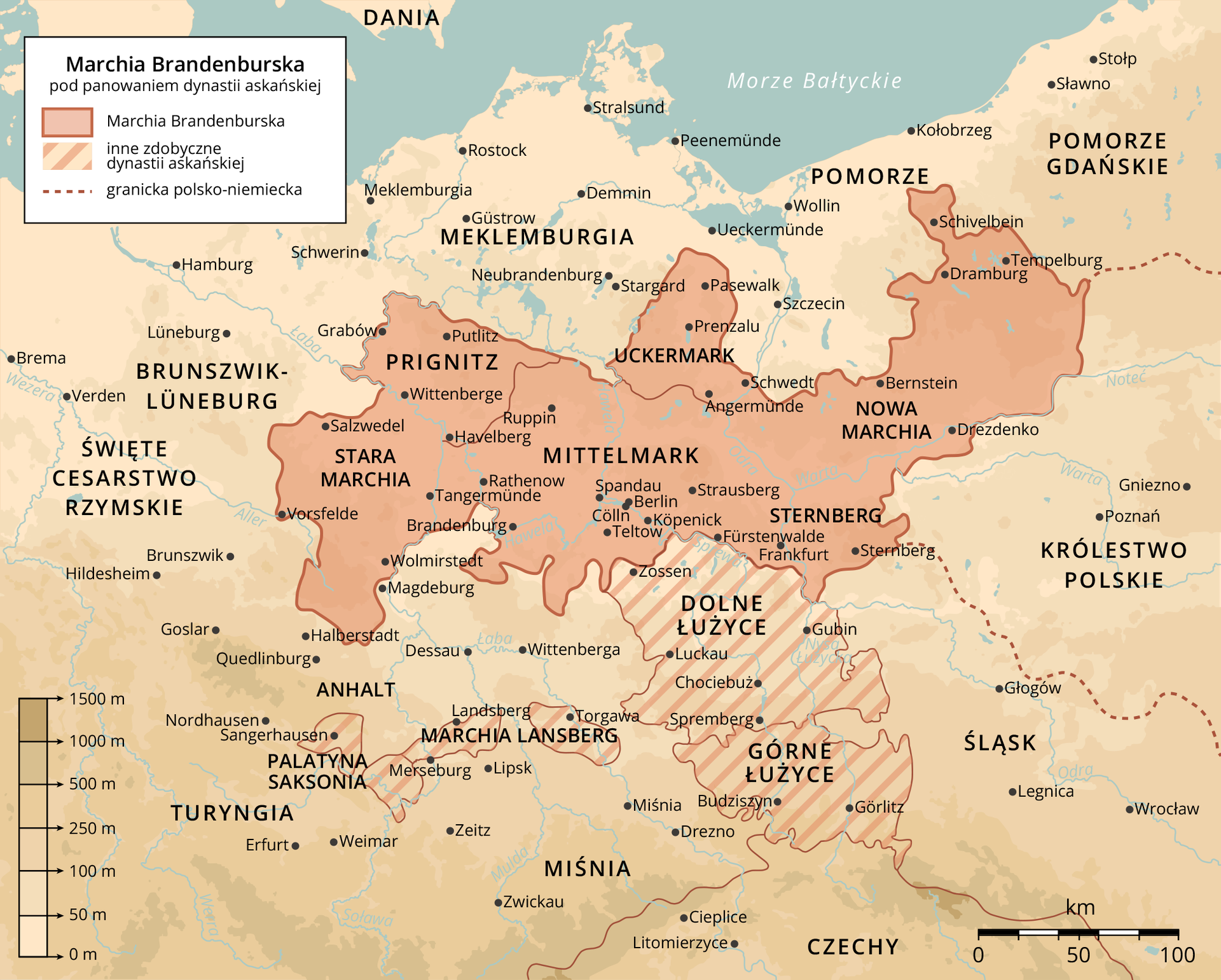 Mapa przedstawia Marchię Brandenburską pod panowaniem dynastii askańskiej. Znajdowała się ona w Europie centralnej i dzieliła się na Starą Marchię, Prignitz, Mittelmark, Uckermark, Sternberg Oran Nową Marchię. Do innych zdobyczy dynastii askańskiej należał Anhalt, Palatyna, Saksonia, Marchia Lansberg, Dolne Łużyce i Górne Łużyce. Granica Polsko niemiecka przebiegała wzdłuż Pomorza i Śląska.