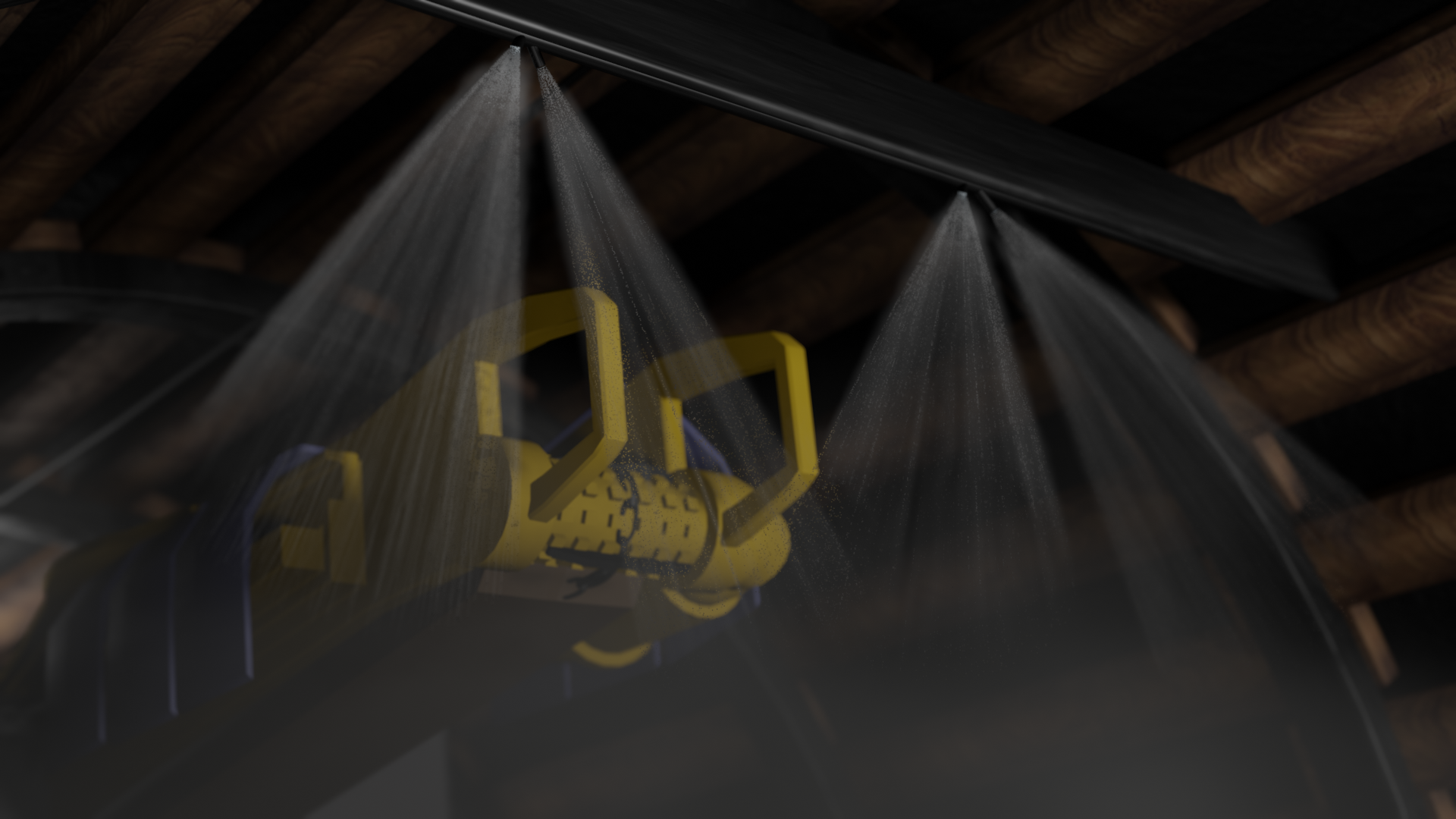 Grafika przedstawia górną część korytarza podczas zraszania wodą. Wzdłuż niego są zamontowane dysze rozprowadzające wodę.