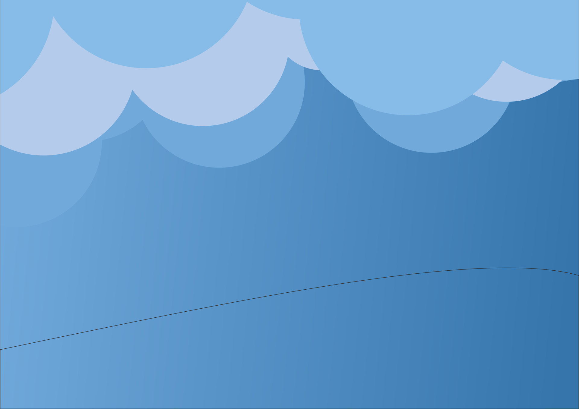 Obraz przedstawia gradient z koloru jasnoniebieskiego do lekko ciemniejszego niebieskiego odcieniu. Na górnej krawędzi rozmieszczono różne okręgi, które poprzez nakładanie się na siebie i różne kolory dla każdej warstwy tworzą chmury, których kolory to różne odcienie niebieskiego, od ciemniejszego, do jaśniejszego. U dołu obrazu umieszczono lekko pochyloną linię, od lewej do prawej wzrasta, następnie poprzez zagięcie, opada nieznacznie.