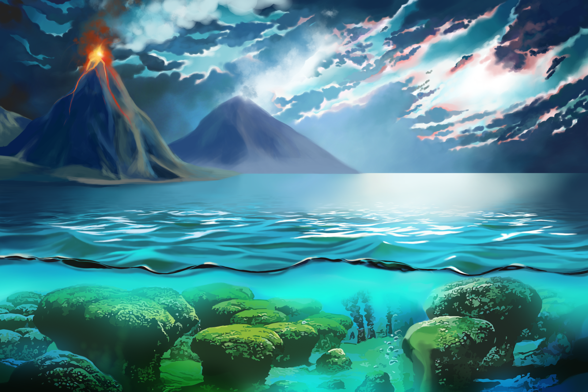 Grafika przedstawia wygląd powierzchni Ziemi i oceanu sprzed ponad trzech miliardów lat. W oceanie widać wapienne konstrukcje (stromatolity) w kształcie grzybów. W tle widać wybuchający wulkan. Na niebie kłębią się ciemne chmury.