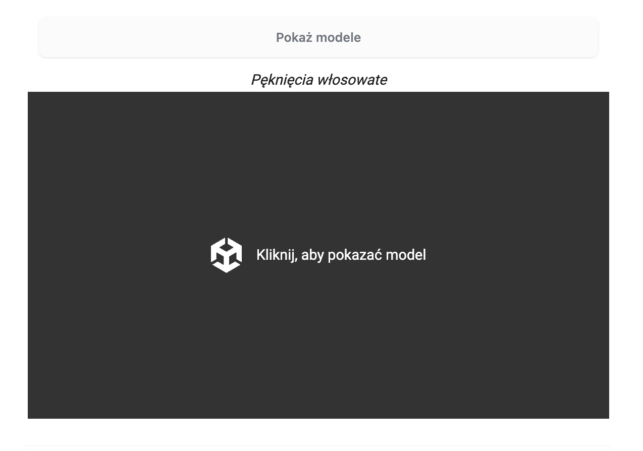 Ilustracja przedstawia wygląd wizualizacji modelu 3D. Na górze znajduje się belka z napisem Pokaż modele, a poniżej czarny ekran z przyciskiem Kliknij, aby pokazać model.