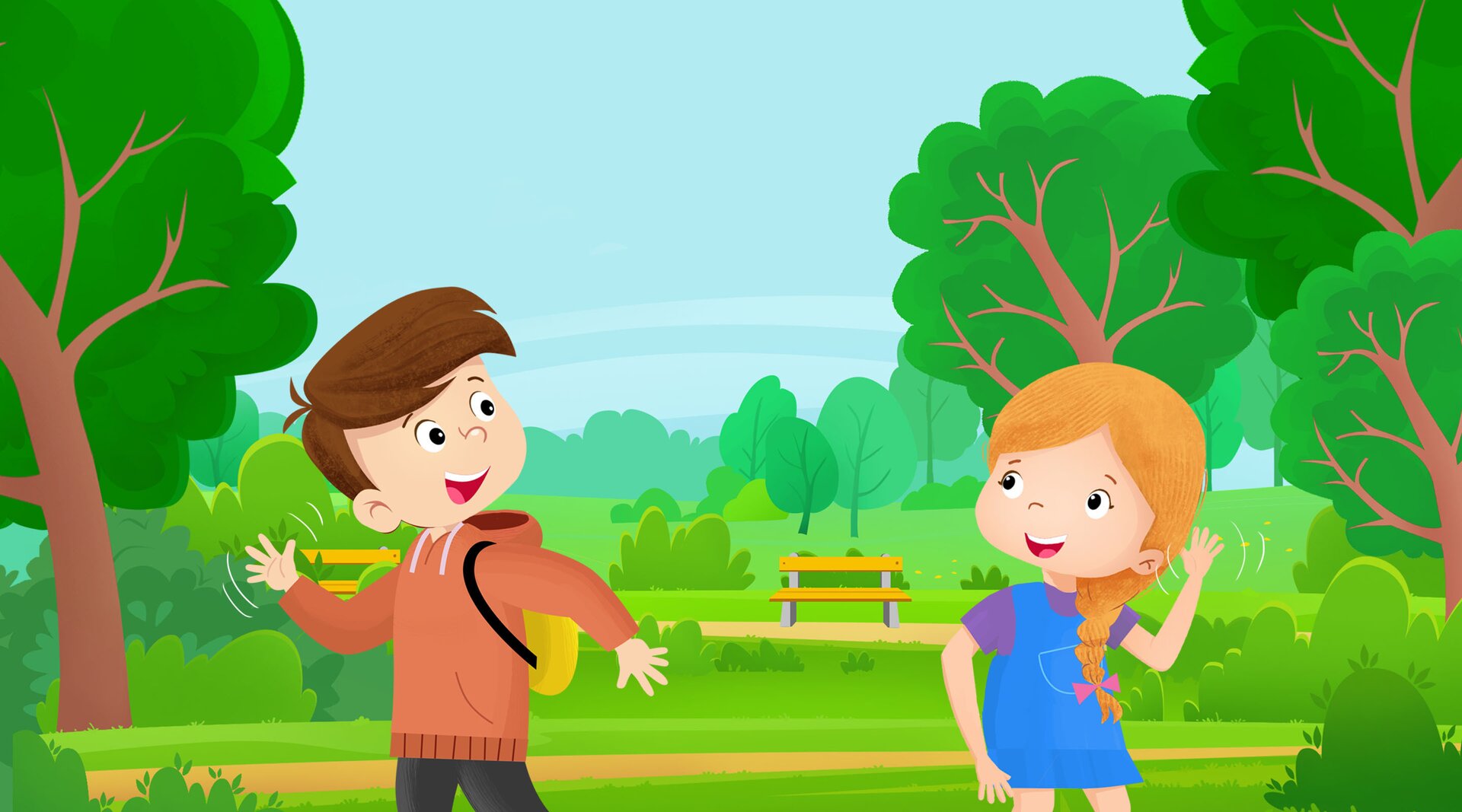 Na ilustracji znajdują się dziewczynka i chłopiec. Cześć! 