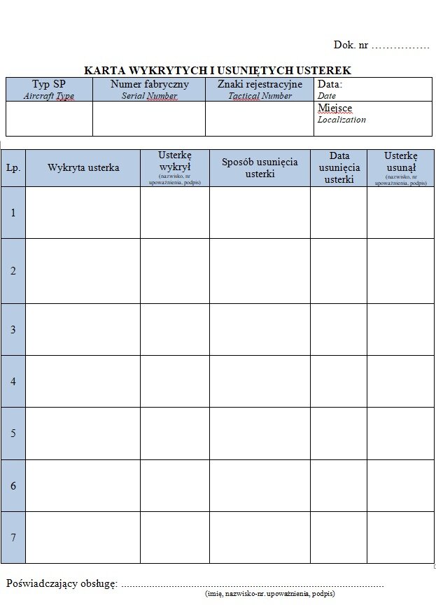 Zdjęcie przedstawia przykładową kartę wykrytych i usuniętych usterek. Strona zawiera dwie tabele. Pierwsza tabelka posiada sekcje dla wpisania typu, numeru fabrycznego oraz znaków rejestracyjnych statku powietrznego, w ostatniej kolumnie znajduję sie miejsce na wpisanie daty oraz miejsca. W drugiej tabeli która znajduję sie niżej kolumny zostały podzielone na, Numery wierszy, wykryte usterki, osobę która wykryła usterkę, sposób usunięcia usterki, datę usunięcia usterki oraz miejsce na podpis dla osoby która usunęła usterkę.