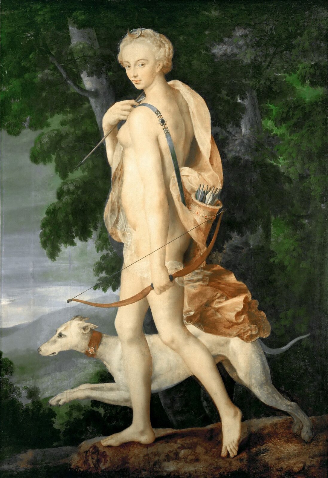 Obraz autorstwa  Luca Penniego pod tytułem „Diana łowczyni” przedstawia młodą nagą kobietę wędrującą wraz ze swoim psem przez las. Diana ma długie jasne włosy spięte w kok, na jej plecach widoczny jest kołczan pełen strzał. W jednej dłoni trzyma łuk, a w drugiej strzałę. Ciało kobiety przepasane jest pomarańczowym materiałem. U jej boku widoczny jest pies myśliwski o białym umaszczeniu. W tle widoczny jest las i góry. 