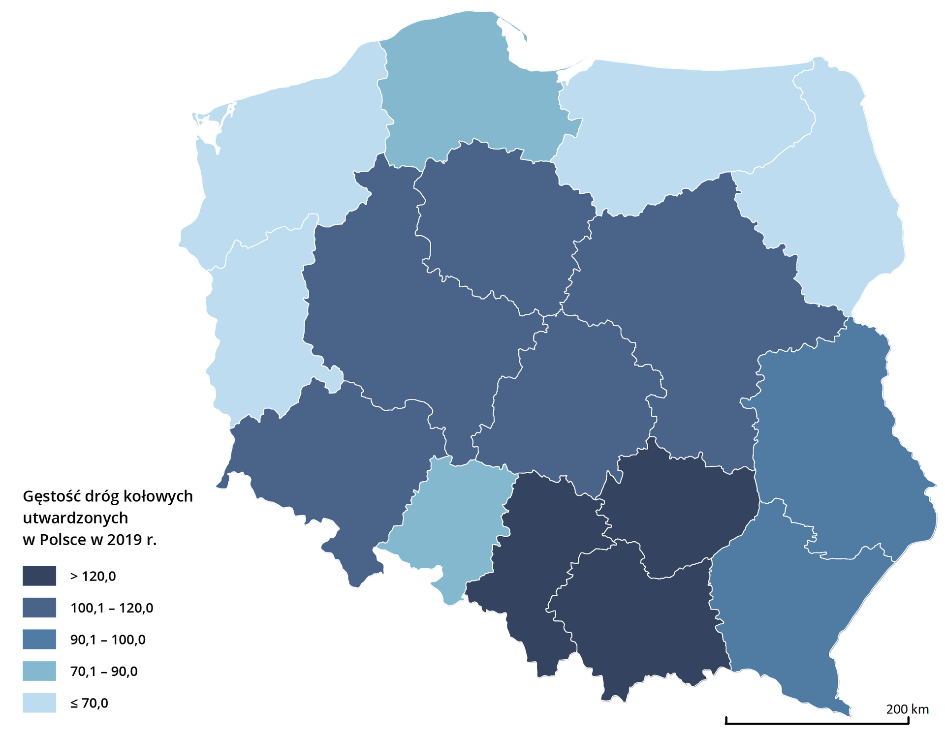 Mapa Polski przedstawia gęstość dróg kołowych utwardzonych. W województwach małopolskim, śląskim oraz świętokrzyskim wyniosła ponad 120. W województwach dolnośląskim, wielkopolskim, kujawsko pomorskim, łódzkim oraz mazowieckim wyniosła od 100,1 do 120. W województwach podkarpackim oraz lubelskim wyniosła od 90,1 do 100. W województwach pomorskim oraz opolskim wyniosła od 70,1 do 90. W województwach podlaskim, warmińsko mazurskim, zachodniopomorskim oraz lubuskim wyniosła poniżej 70.