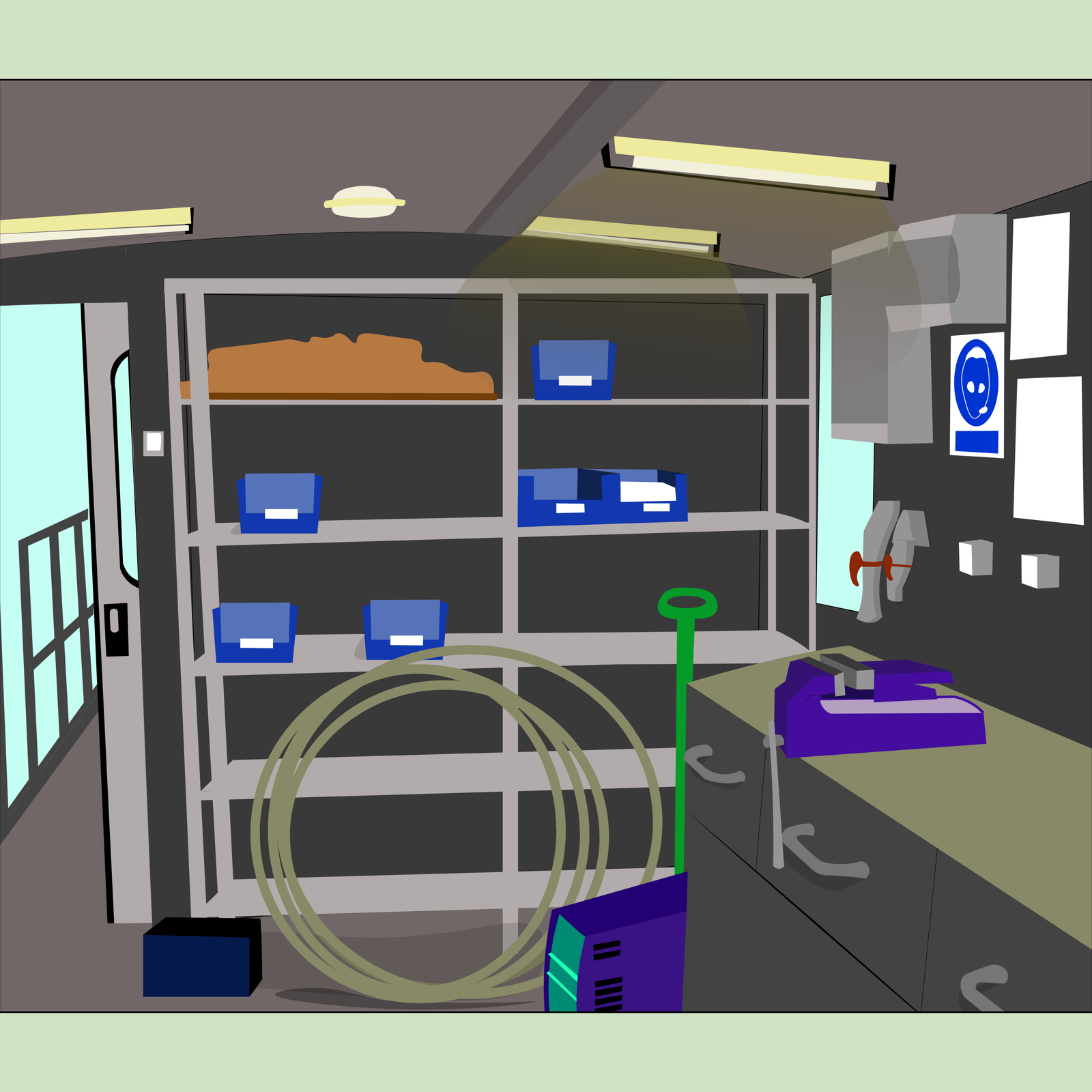 Grafika przedstawia wnętrze pomieszczenia warsztatowego. Na półkach znajdują się pojemniki na części. O półki jest oparty zwinięty kabel oraz miotła. Na szafce po prawej zamontowane jest imadło.