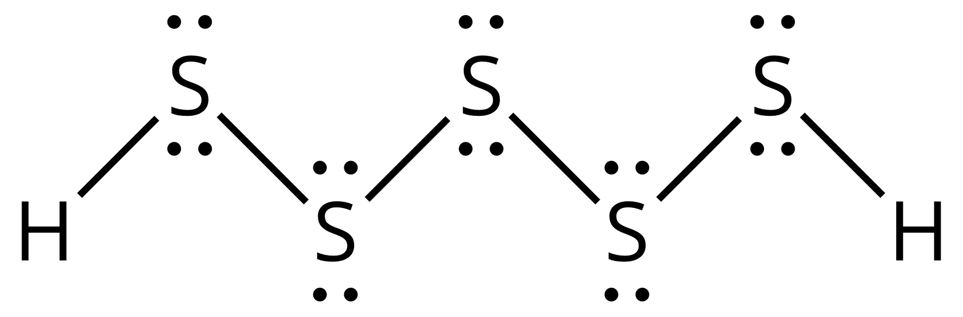 Ilustracja przedstawiająca przykładową cząsteczkę polisulfanu o strukturze HS5H. Atom wodoru połączony z atomem siarki, który to łączy się z kolejnym drugim atomem siarki, ten z trzecim atomem siarki, trzeci z czwartym i wreszcie czwarty z piątym, który to związany jest z drugim atomem wodoru. Łańcuch jest zygzakowaty, na każdym atomie siarki zaznaczono po dwie wolne pary elektronowe za pomocą czterech kropek.