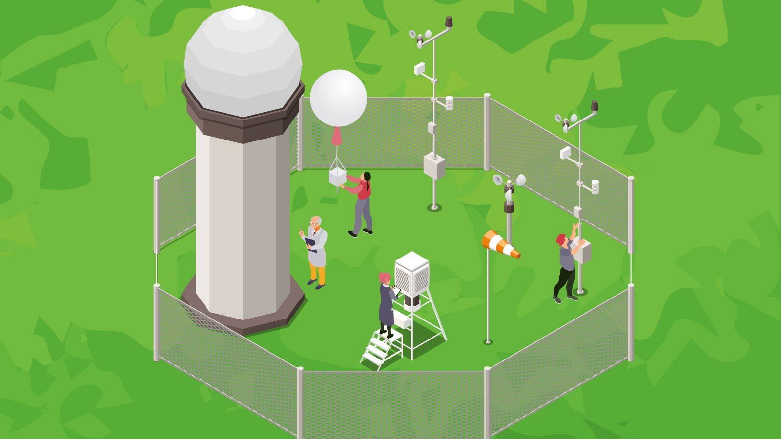 Grafika przedstawia ogrodzone miejsce na trawie, gdzie umieszczono specjalistyczną aparaturę do zbierania różnych danych. Przy kilku urządzaniach ukazano cztery postacie trzymające notatniki. Wśród przedstawionych urządzeń jest między innymi stacja meteorologiczna, balon czy wiatrowskaz. Transkrypcja znajduje się poniżej.