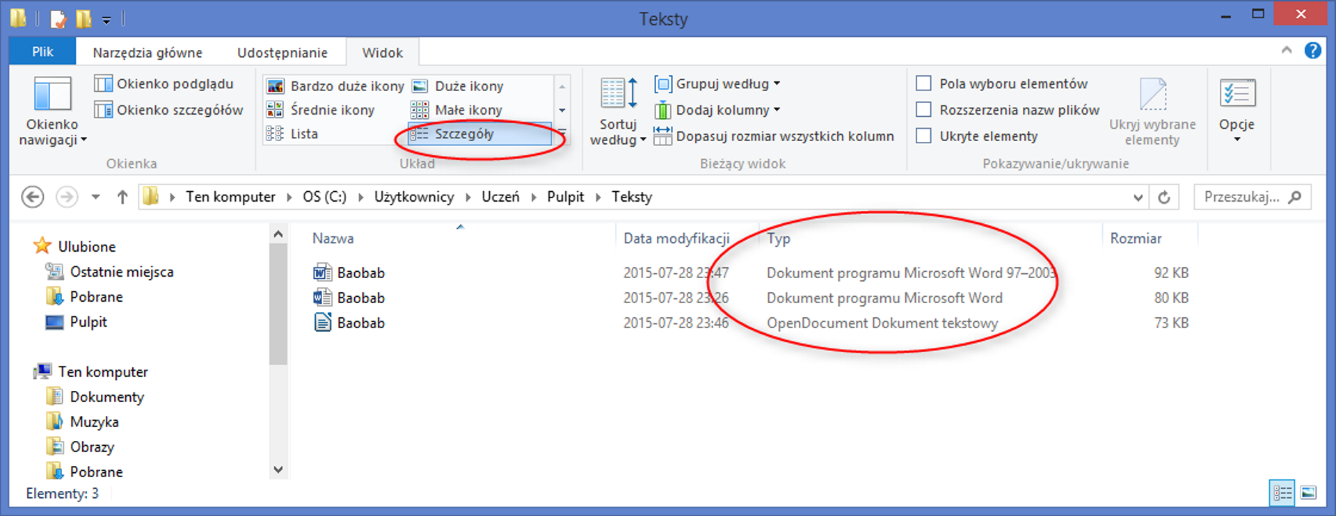 Ilustracja przedstawia okno eksploratora Windows. Na samej górze znajdują się cztery zakładki: Plik, Narzędzia główne, Udostępnianie oraz Widok. Wybrana jest zakładka Widok. Pod zakładkami znajduje się pasek menu, został on podzielony na cztery części: Okienka, Układ, Bieżący widok oraz Pokazywanie/ukrywanie. W części Okienka znajdują się elementy: Okienko nawigacji, Okienko podglądu, Okienko szczegółów. W części Układ, są opcje: Bardzo duże ikony, Średnie ikony, Lista, Duże ikony, Małe ikony, Szczegóły. W części Bieżący widok znajdują się elementy: Sortuj według, Grupuj według, Dodaj kolumny, Dopasuj rozmiar wszystkich kolumn. W części Pokazywanie/ukrywanie znajdują się trzy pola do zaznaczenia: Pola wyboru elementów, Rozszerzenia nazw plików, Ukryte elementy. Na prawo od tych pól jest nieaktywny element: Ukryj wybrane elementy. Na pasku po prawej stronie od czterech części znajduje się również ikona podpisana Opcje. Poniżej paska menu, na lewej stronie znajduje się menu szybkiego dostępu: elementy na niej kolejno od góry to: Ulubione, Ostatnie miejsca, Pobrane, Pulpit, Ten komputer, Dokumenty, Muzyka, Obrazy, Pobrane. Eksplorator otwarty jest w katalogu o ścieżce Ten komputer, OS (C:), Użytkownicy, Uczeń, Pulpit, Teksty. Znajdują się w nim trzy pliki o tej samej nazwie: Baobab. Ukazane są informacje o plikach, od lewej: Nazwa, Data modyfikacji, Typ oraz Rozmiar. Na oknie czerwoną elipsą zaznaczono dwa obszary: element szczegóły na pasku narzędzi, w części Układ oraz informacje dotyczące typu pliku. Zaznaczone typy pliku od góry to: Dokument Programu Microsoft Word 97 myślnik 2003, Dokument programu Microsoft Word, OpenDocument Dokument tekstowy.