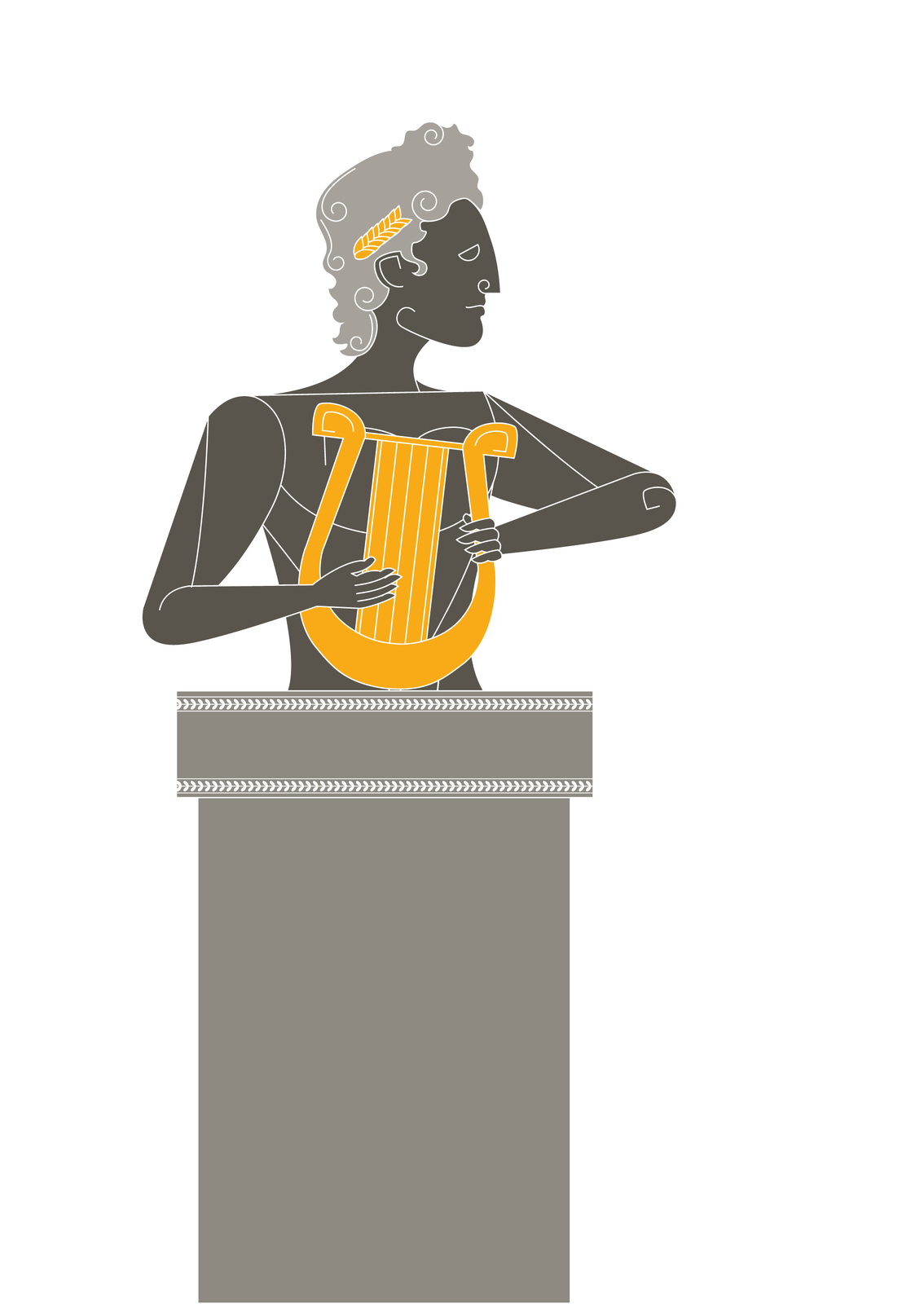 Rysunek przedstawiający popiersie młodego mężczyzny, uchwycony z profilu. W dłoniach trzyma złotą harfę, na gęstych włosach na głowie znajduje się złoty laur. 