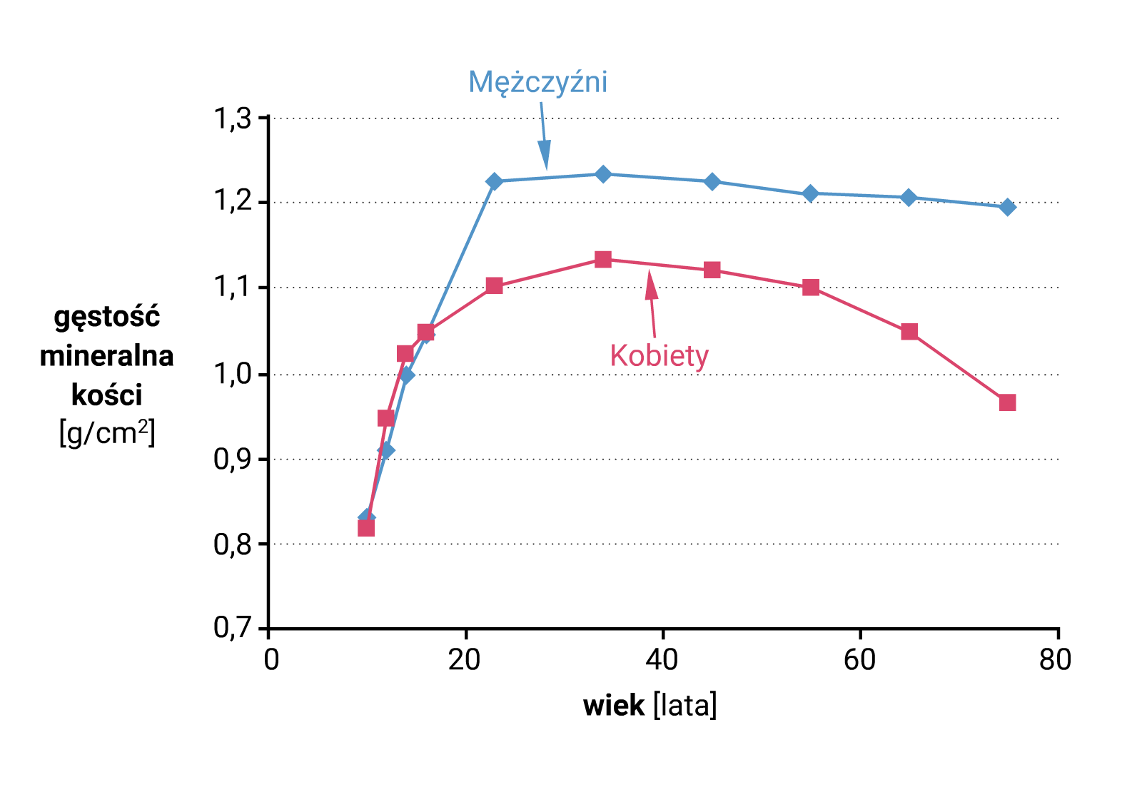 Wykres przedstawia gęstość mineralną kości w gramach na centymetr kwadratowy w zależności od wieku u kobiet i mężczyzn. W piętnastym roku życia gęstość wynosi około ośmiu dziesiątych u obu płci. Następnie do dwudziestego roku rośnie, by u kobiet osiągnąć poziom jeden i jedna dziesiąta, a u mężczyzn jeden i dwie dziesiąte. U kobiet około sześćdziesiątego roku życia gęstość spada, by w siedemdziesiątym ósmym roku osiągnąć wartość około dziewięćdziesięciu sześciu setnych. U mężczyzn poziom jest wyższy. Nie spada poniżej jeden i dwóch dziesiątych.