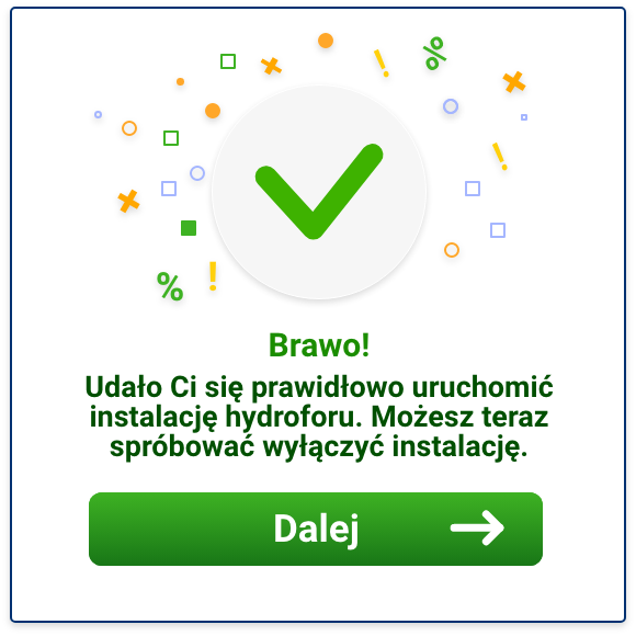 Grafika przedstawia ekran pozytywnej informacji zwrotnej. Ma ona zielony kolor, widać na niej napis gratulacje. W dolnej części widać przycisk „dalej”.