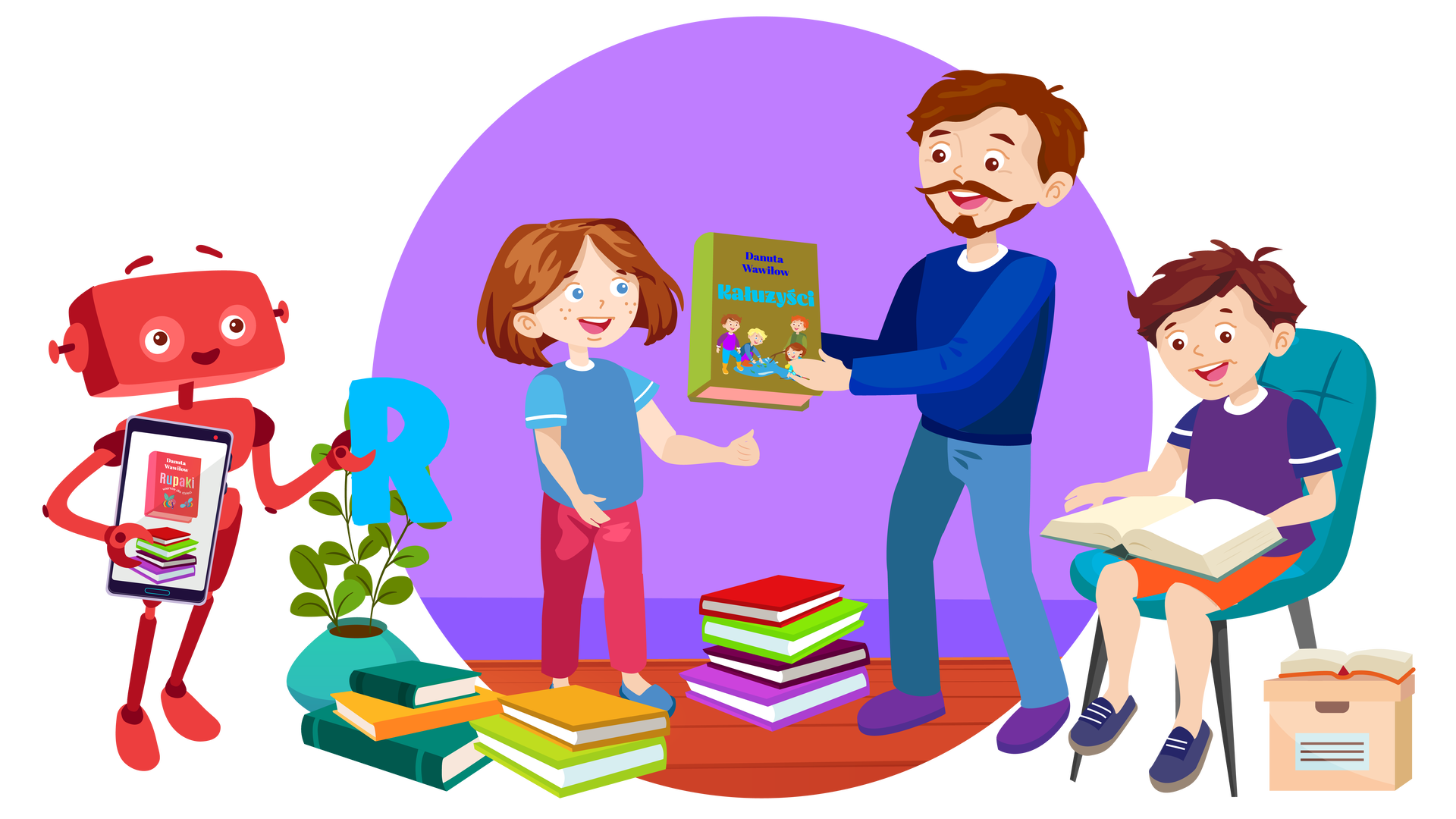 Ilustracja przedstawia pomieszczenie w domu Franka i Mai. W tle widać fioletową ścianę. Na drewnianej podłodze leży kilka stosów książek. Po lewej stronie stoi zielona roślina w turkusowej donicy, a obok niej jest uśmiechnięty Zgrzytek. Jest to czerwony robot o prostokątnej głowie z krótkimi antenkami zamiast uszu, dwiema rękami i dwiema nogami. Na przedniej części jego tułowia widnieje biały znaczek w postaci błyskawicy. Zgrzytek trzyma pod pachą tablet z otwartą aplikacją do czytania książek. Na ekranie wyświetlają się cztery książki ułożone jedna na drugiej. Nad nimi widać czerwoną okładkę książki zatytułowanej „Rupaki”. Zgrzytek w lewej ręce trzyma niebieską literę „r”. Po prawej stronie stoi na podłodze beżowy pojemnik z pokrywką, na którym leży otwarta książka w pomarańczowej okładce. Obok znajduje się turkusowe krzesło. Siedzi na nim chłopiec o ciemnobrązowych włosach czytający książkę. Jest ubrany w ciemnofioletową koszulkę z krótkimi rękawami, krótkie pomarańczowe spodnie i granatowe buty sportowe. Na środku pomieszczenia stoi Maja z tatą. Maja jest ubrana w niebieską koszulkę z krótkimi błękitnymi rękawami, długie ciemnoróżowe spodnie i ciemnoniebieskie buty. Wyciąga lewą rękę w kierunku taty. Mężczyzna jest ubrany w granatową bluzę z długimi rękawami, długie niebieskie spodnie i fioletowe buty. W rękach trzyma książkę w zielonej okładce zatytułowaną „Kałużyści”.