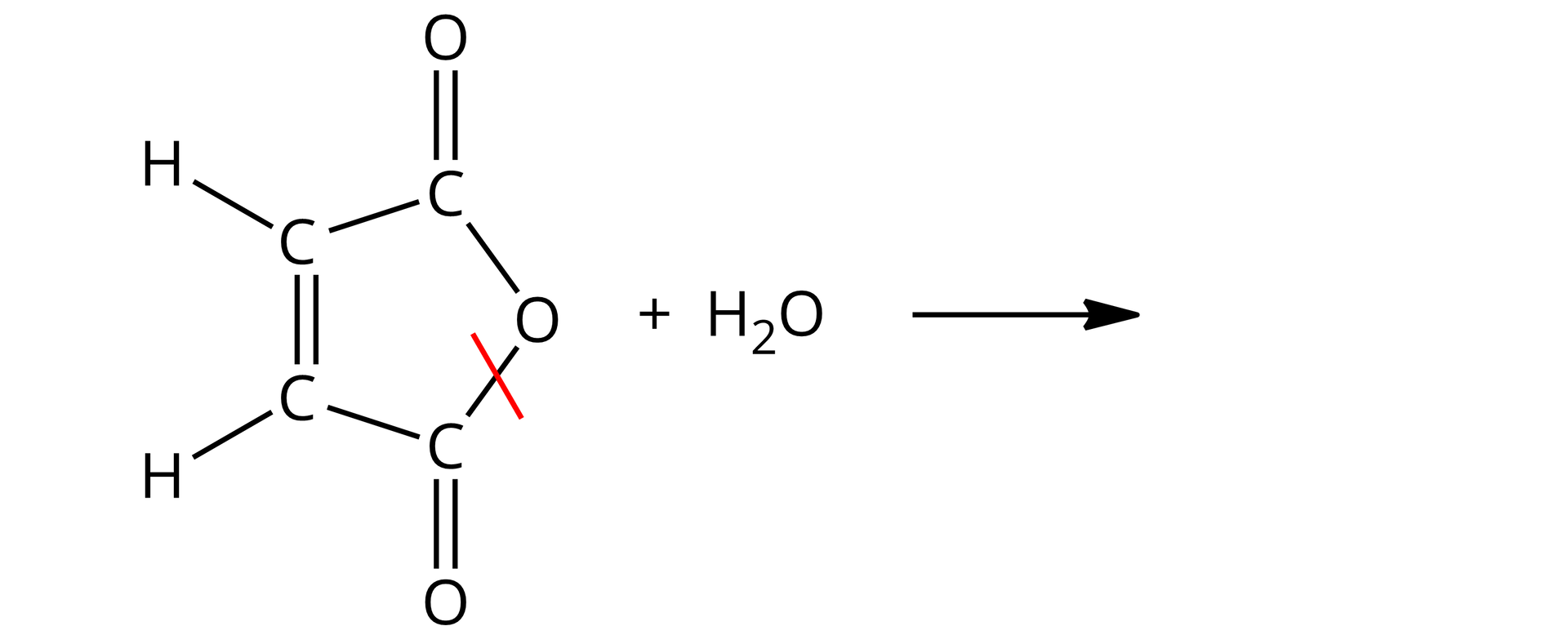 Ilustracja przedstawiająca fragment schematu reakcji. Cząsteczka bezwodnika maleinowego, która to zbudowana jest z pięcioczłonowego pierścienia. Pierścień ten utworzony jest przez dwie połączone za pomocą wiązania podwójnego grupy CH, z których pierwsza łączy się z jednym atomem węgla i druga z drugim, atomy te łączy atom tlenu, co zamyka pierścień. Ponadto atomy te łączą się za pomocą wiązań podwójnych każdy z jednym atomem tlenu. Wiązanie pomiędzy jednym atomem węgla związanym z atomem tlenu wbudowanym w opisany pierścień ulega zerwaniu. Dodać cząsteczka wody. Strzałka w prawo.